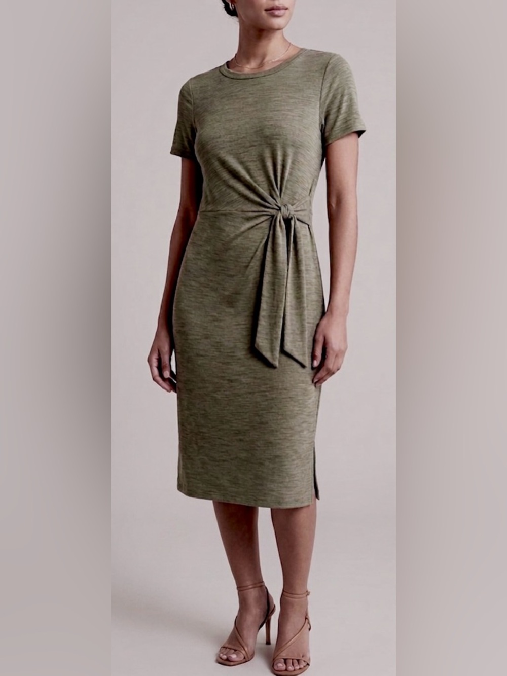 Nicole Miller Olive Green Midi Dress with Knot Detail and Side Slits Size S